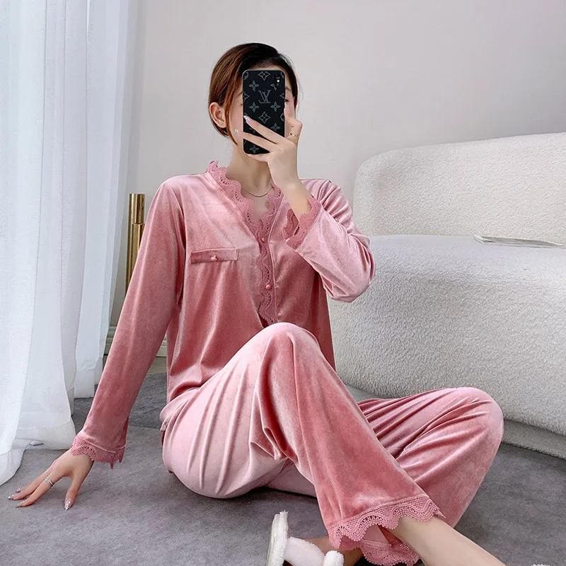 Pajamas for Women New Autumn and Winter Women's Pajamas Gold Velvet Long-sleeved Cardigan Suit Sexy Lace Home Service Sleepwear