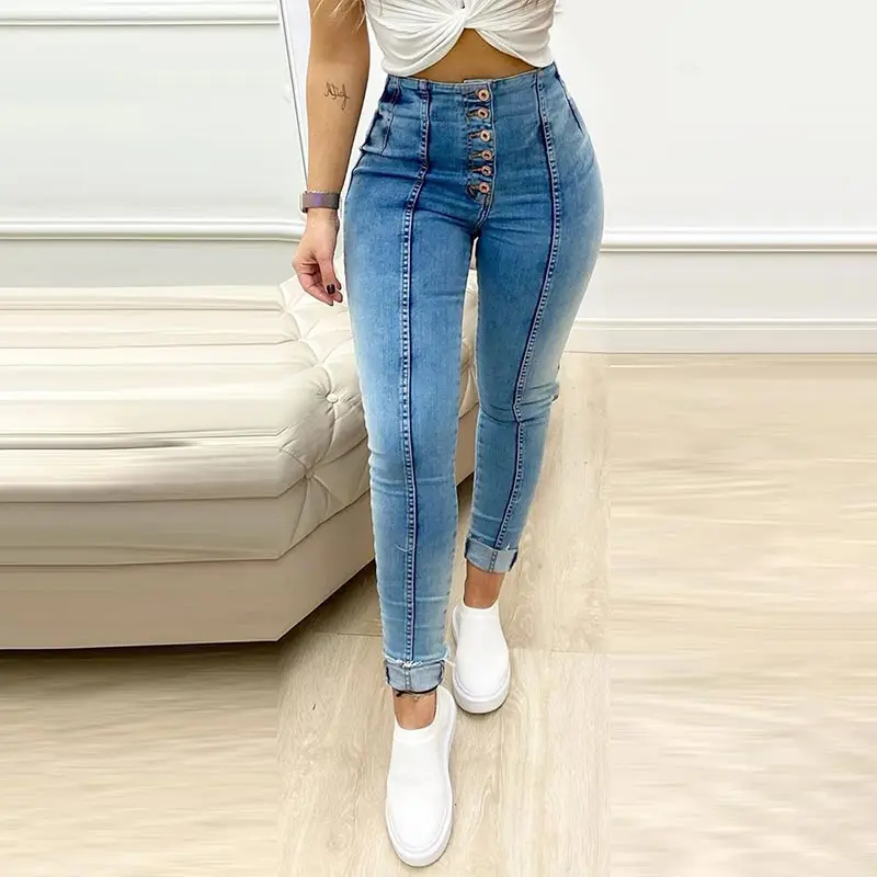 

Blue Denim Slim Button Women's Pencil Jeans High Waist Pocket Zipper Female Pants 2022 New Solid Simple Streetwear Lady Bottom