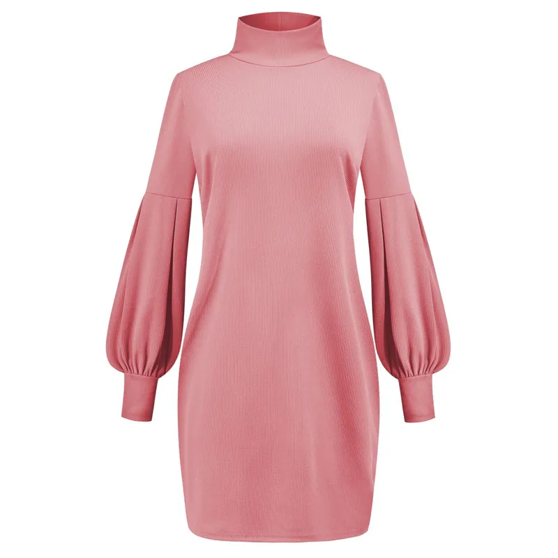 

Autumn Winter Fashion Sexy Turtleneck Women's Mini Dress Casual Bodycon Solid Lantern Sleeve Patchwork Ladies Dress