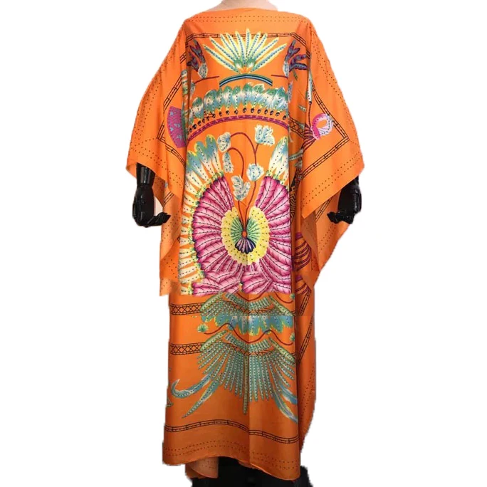 Женское длинное платье-кафтан свободное шелковое платье в стиле бохо с ярким