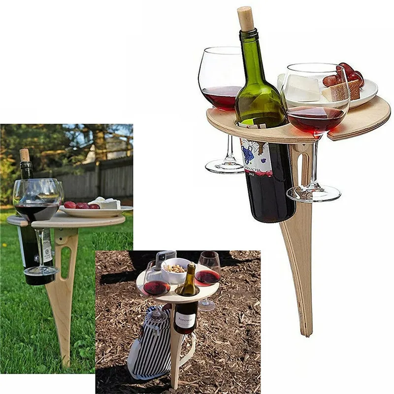 

Outdoor Portable Foldable Wine Table with Round Desktop Mini Wooden Easy To Carry Rack Picnic Party Travel BBQ Tools