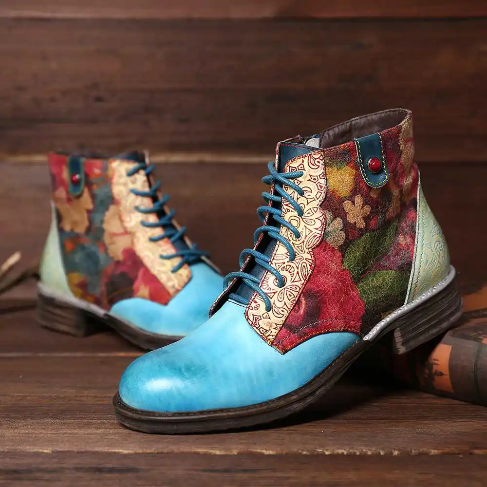 SOCOFY/Botas Mujer; ботинки с цветочным узором из натуральной кожи на молнии; короткие ботинки на плоской подошве со шнуровкой; женская обувь; женская зимняя обувь