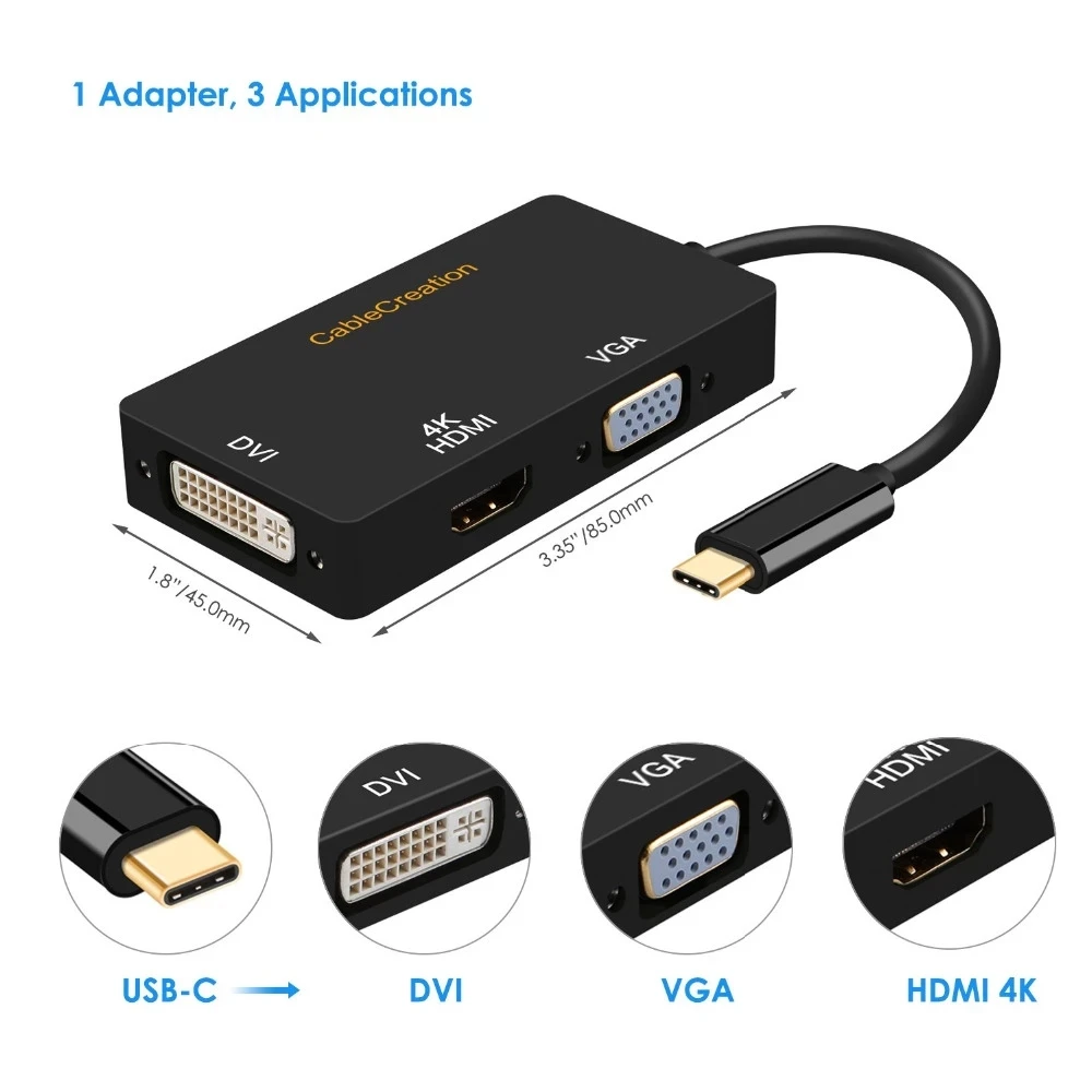 3 в 1 USB C Hub Male к DVI + HDMI-совместим 4K + VGA Female адаптер Type-C к DVI/VGA для MacBook(Pro)iPad Pro