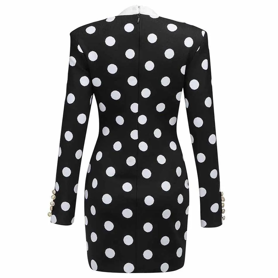 

High Quality Women's Spring 2021 Sexy Long Sleeve V-neck Polka Dot Bandage Dress Black Bodycon Celebrity Party Dress Vestidos