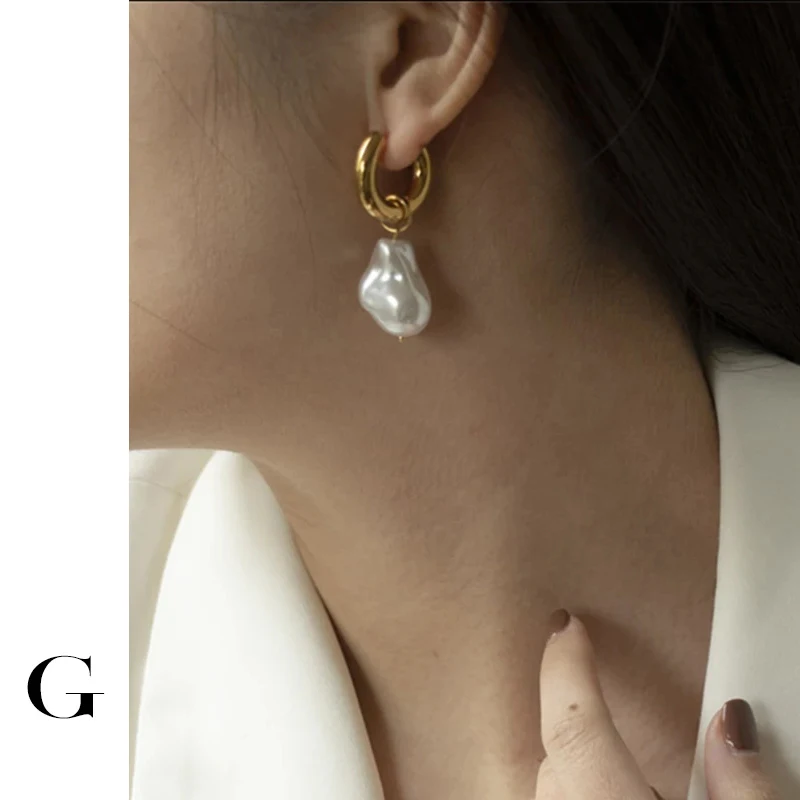 

GHIDBK Ins Hot Sale Stainless Steel Jewelry Baroque Simulated Fake Pearl Pendant Hoop Earrings French Elegant Circle Earring