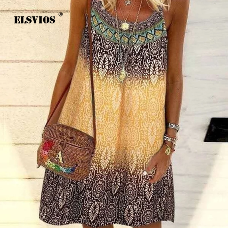 

Шифоновое платье-трапеция ELAVIOS с винтажным принтом, летнее платье на бретелях-спагетти с открытыми плечами, новинка 2021, женские повседневны...