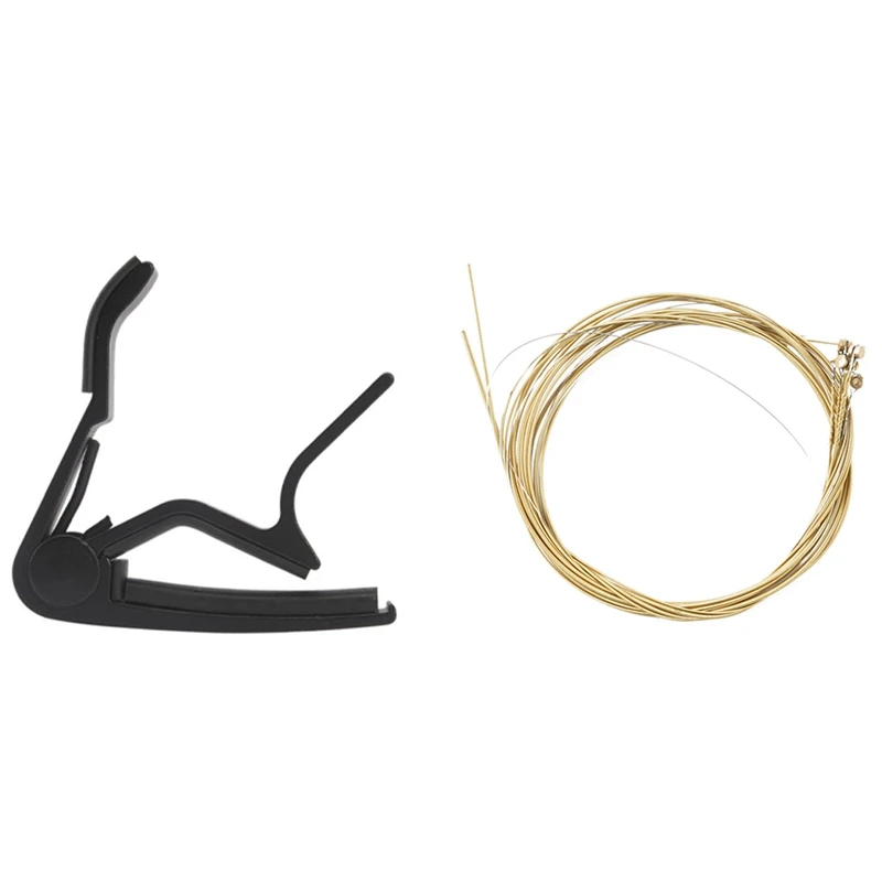 

2 комплекта, аксессуары для гитары: 1 шт., черный быстросменный каподастр и 1 комплект струн для гитары