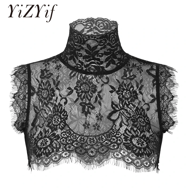 Женский Кружевной укороченный топ без рукавов с высоким воротником|Футболки| |