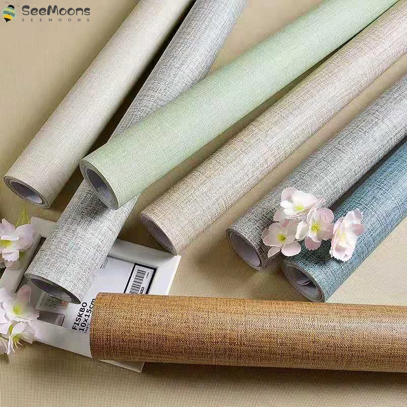 

Linen pattern waterproof wallpaper PVC self adhesive solid color dormitory bedroom wall sticker cabinets furniture Contact Paper