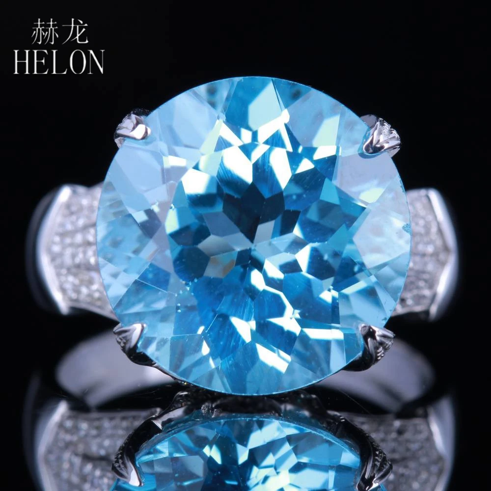 

HELON Solid 14K White Gold Flawless Round 14mm Genuine Sky Blue Topaz Diamonds Engagement Ring Wedding Unique Fine Jewelry Ring