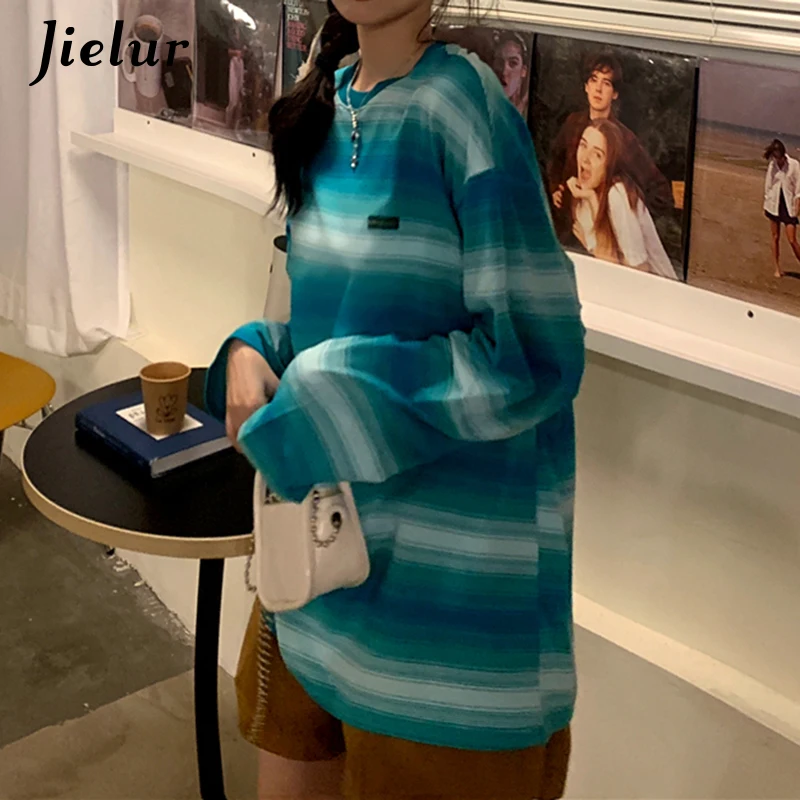 Jielur Зеленые полосатые толстовки женский красочный свитшот с длинным рукавом и