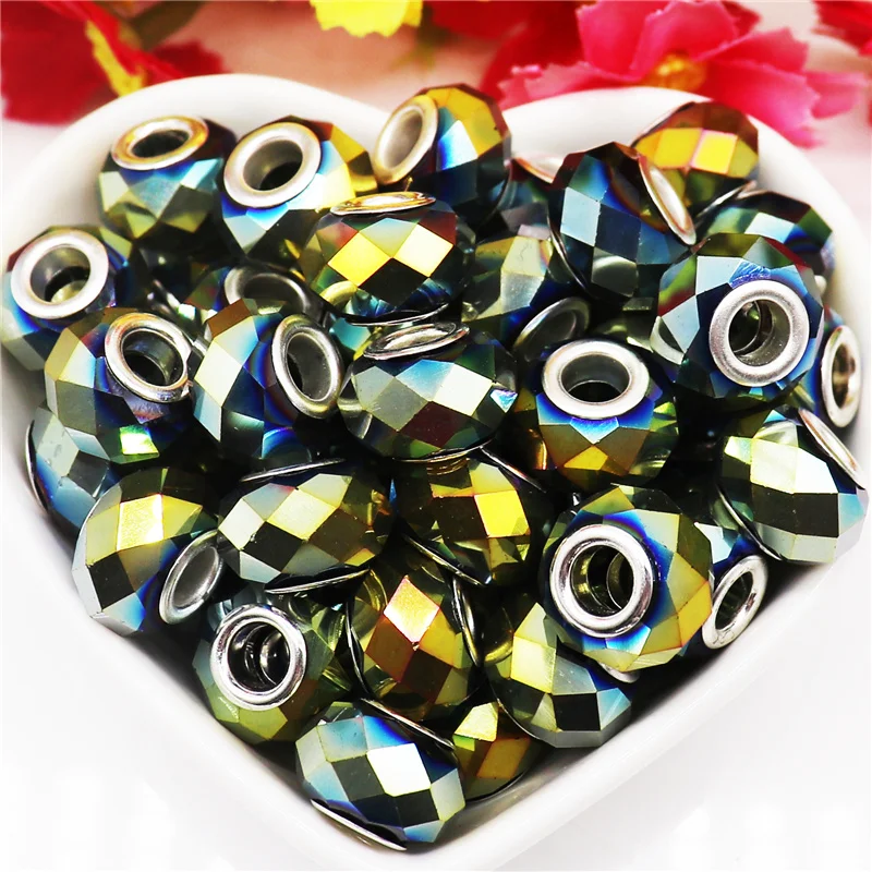 

10Pcs 14x8mm New Electroplate Color Large Hole Glass Beads Round Rondelle Waist Beads for Jewelry Making Fit Pandora Bracelet