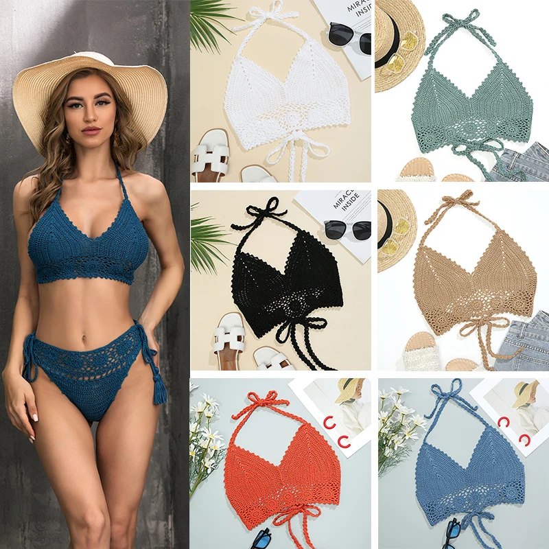 

Сексуальный женский Топ Бикини CC, летний вязаный крючком купальник ручной работы в стиле бохо, Пляжная накидка с лямкой на шее, вязаный бюст...