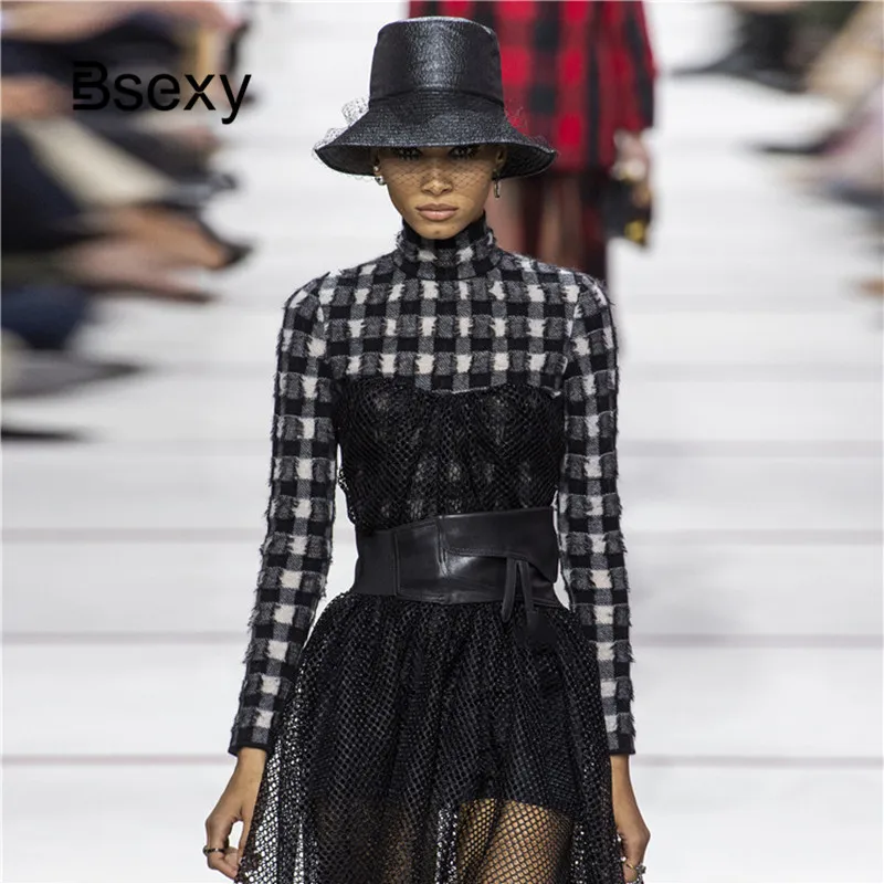Роскошный дизайнерский свитер Runway 2019 с половиной Turlneck белый черный плед вязание