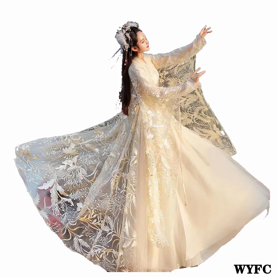 

Женское китайское платье принцессы с вышивкой, яркое шелковое платье феи для народных шоу, танцев, восточных танцев, костюм ханьфу, повседне...