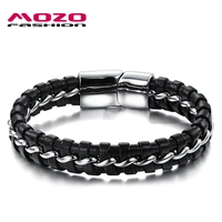 mozo fashion hot brand man charm jewelry leather rope chain bracelets stainless steel magnetic buckle wristbands pulseras