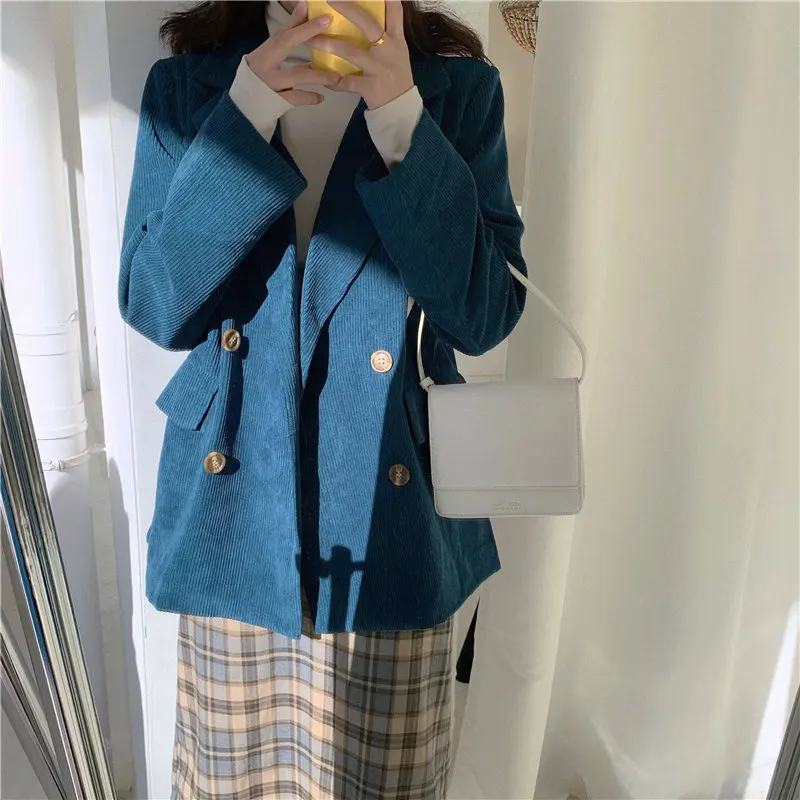 

HziriP All Match Office Lady Slender Thin Vintage Casual Elegant Loose Corduroy 2021 Feminine Women Woolen High Street Blazers