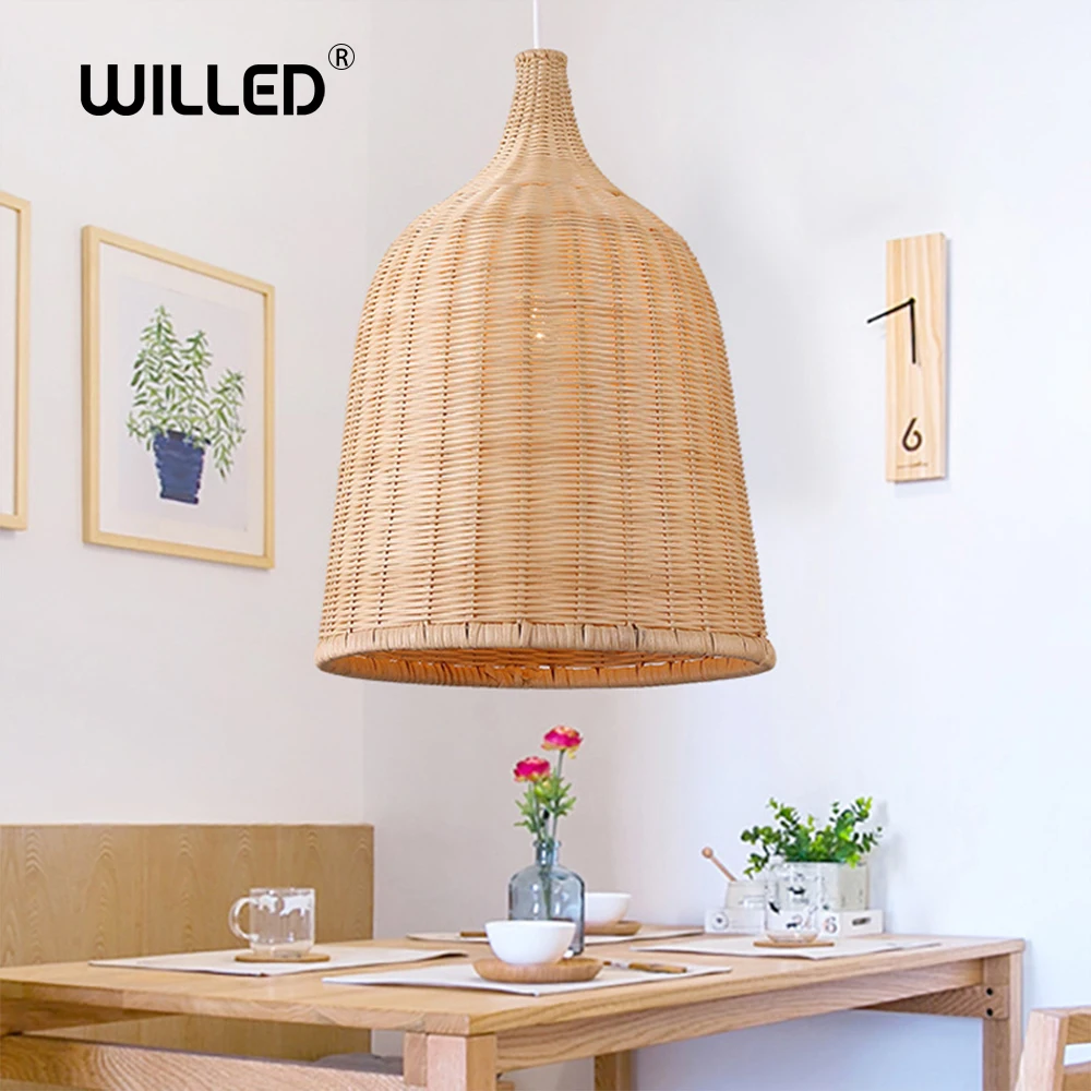 Плетеный вручную подвесной светильник из ротанга в японском стиле E27 для
