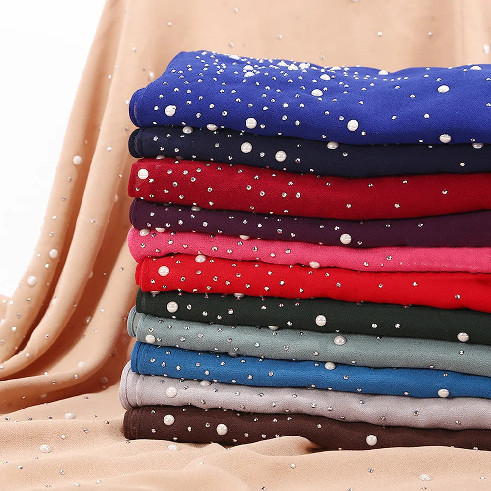 

2019 hot sale women plain bubble pearl chiffon scarf Head hijab wrap solid shawls headband foulard femme muslim hijabs stores