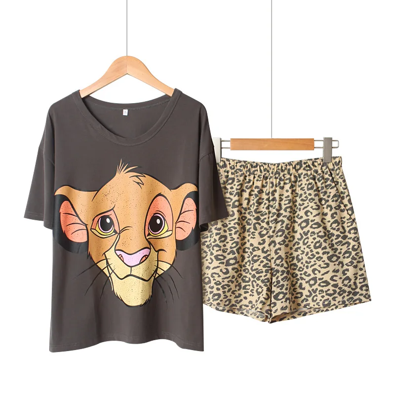 

Summer Cotton Pajamas Women's Short Sleeve Shorts Lion King Simba Leopard Print Cute Cartoon Loose Home Suit Pajama Sets Women