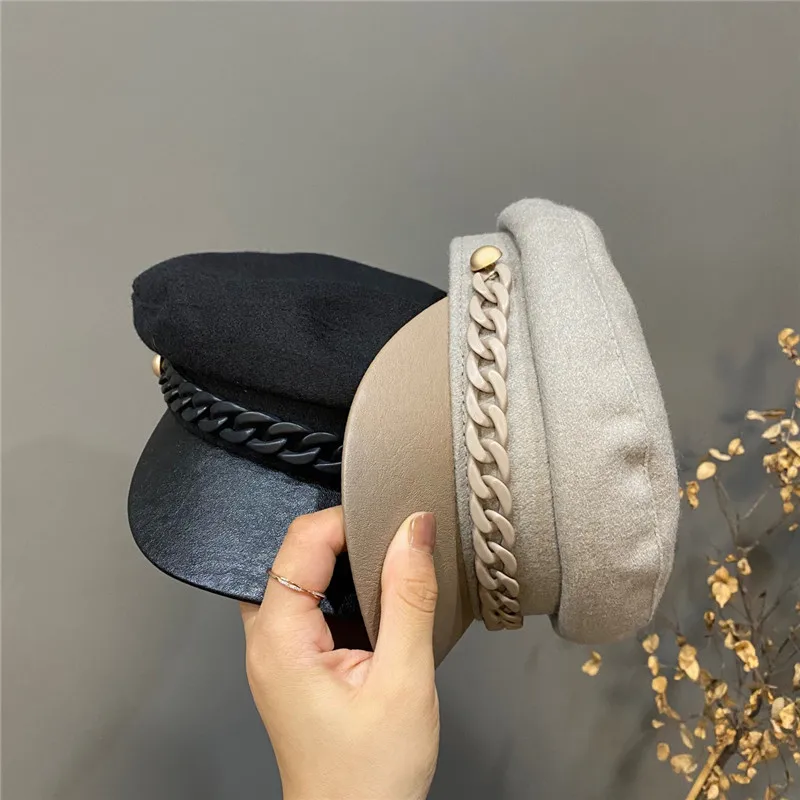 

202109-may-moh-js new autumn British style chain blended pu brim fashion street lady Octagonal hat men women visors cap