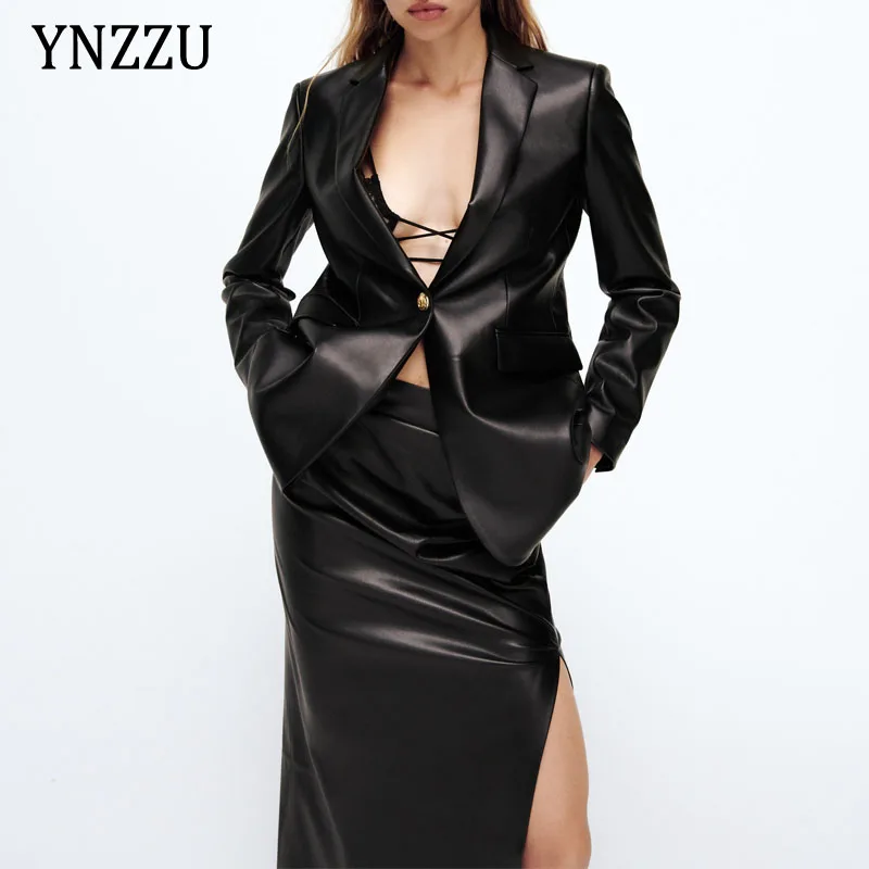 

Office ladies Faux leather blazer jacket 2021 Newest Women Ruched split Pu Skirt Fashion Slim Two piece set Autumn YNZZU 1O205