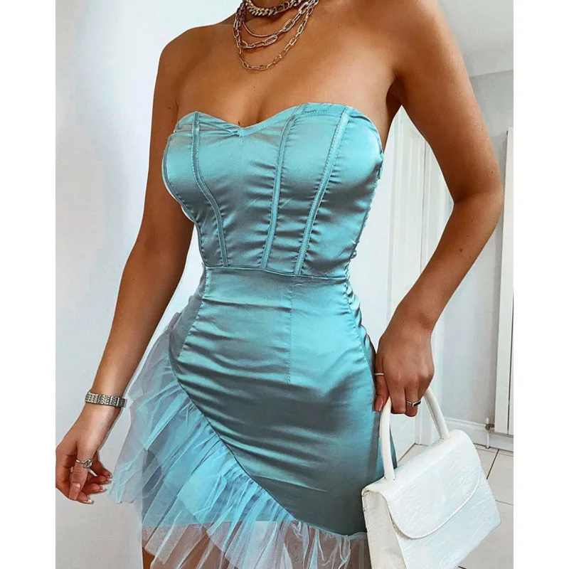 

Женское облегающее атласное платье на молнии, привлекательное обтягивающее Сетчатое платье с открытыми плечами в стиле пэчворк, лето 2021