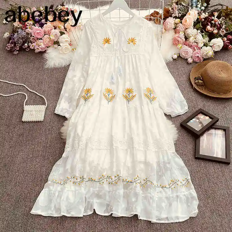 

Женское платье с цветочной вышивкой, платье в богемном стиле с V-образным вырезом и длинным рукавом, платье на шнуровке в стиле ретро, весна-л...