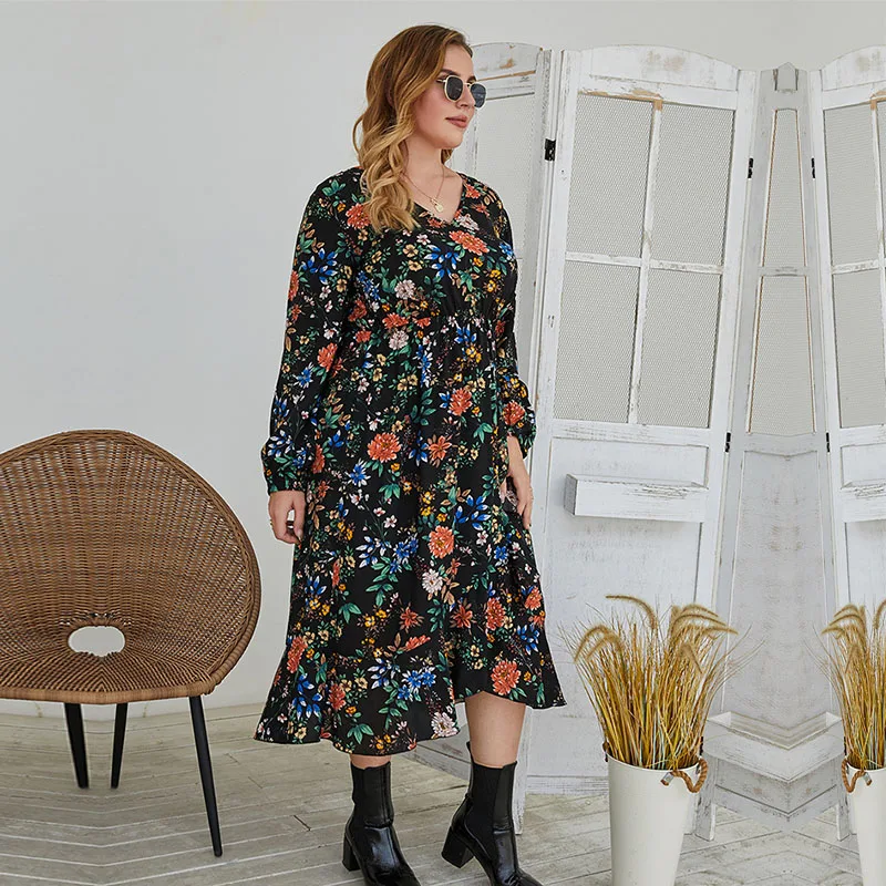 

2021 Summer Spring Floral Long Sleeve High Waist V Neck Dress For Women's New Casual Fashion Sexy Ladies Plus Size Long Dress