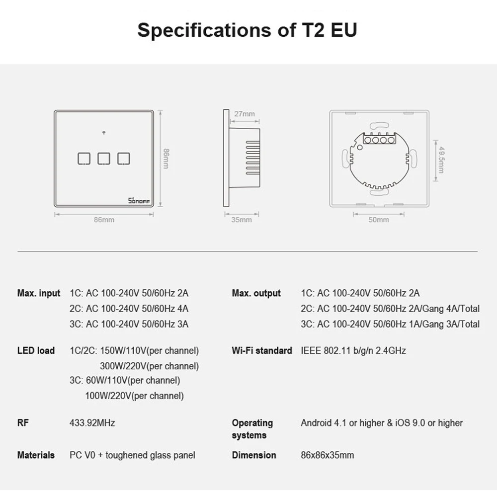 Высветильник ель света Sonoff T2 Wi Fi 1/2/3 клавиши 433 МГц|switch smart|switch smart homeswitch switch |