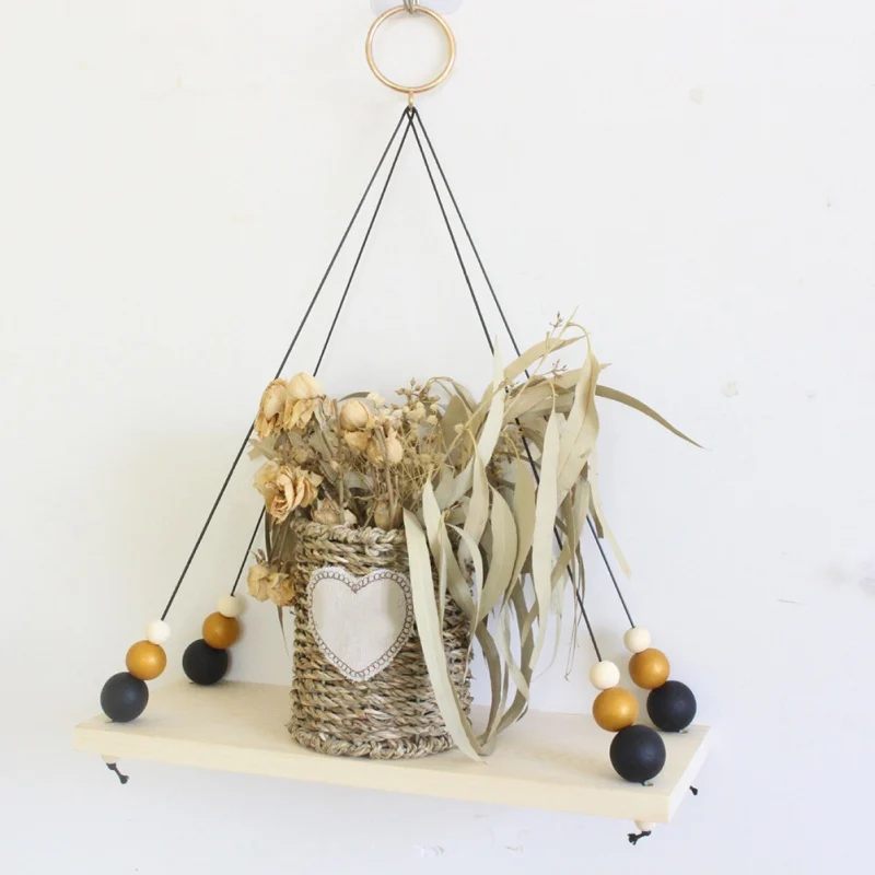 Ретро деревянная полка для украшения с деревянными бусинами Бытовая настенная