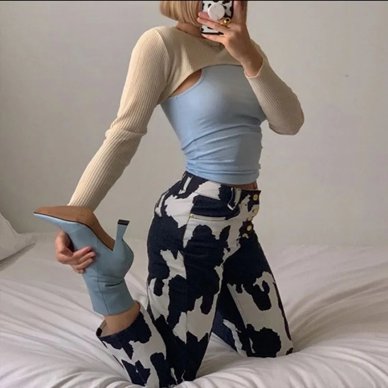 

Printed Pants Jeans Women Autumn Black High Waist Young Girls Chic Denim Trousers Woman Cool Boyfriends Jeans
