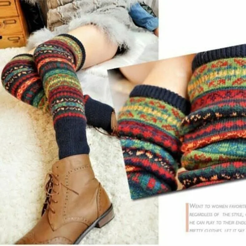 

Women Boho Knitted Leg Warmer Socks High Knee Crochet Long Winter Soft Stocking