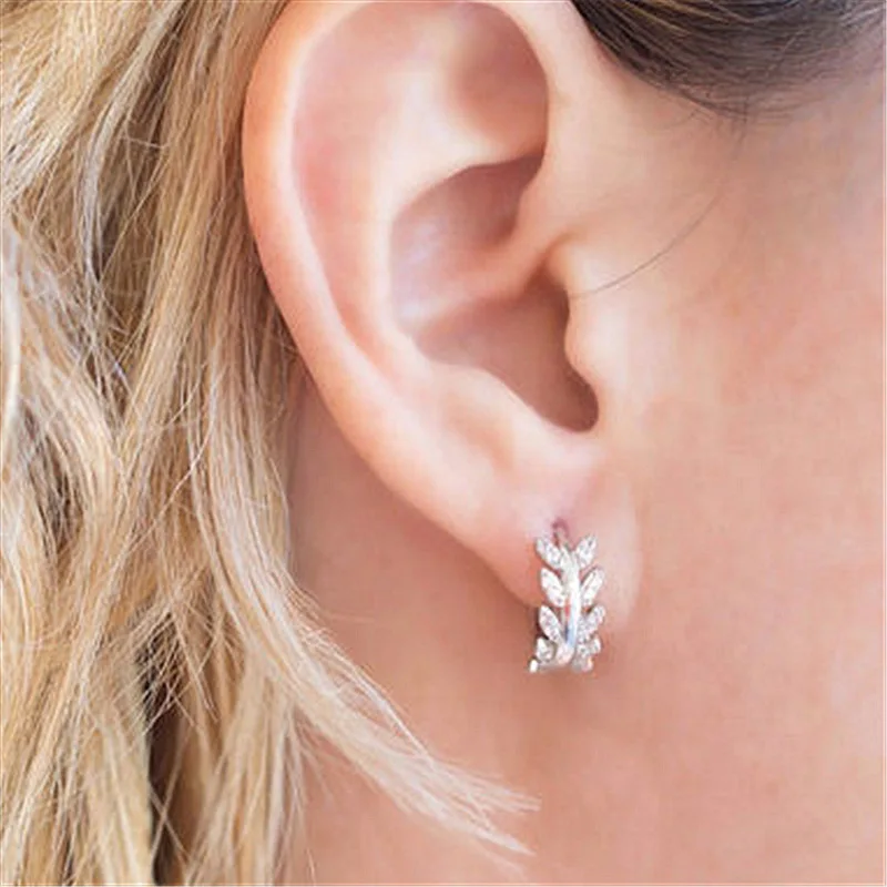 

925 Sterling Silver Leaf Hoop Earrings Unique Design Cubic Zirconia Geometric Earrings for Women Daily Jewelry