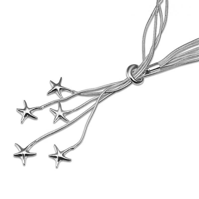 

925 Sterling Silver Five Snake Chain Starfish Necklace Women Wedding Engagement Fashion Jewelry