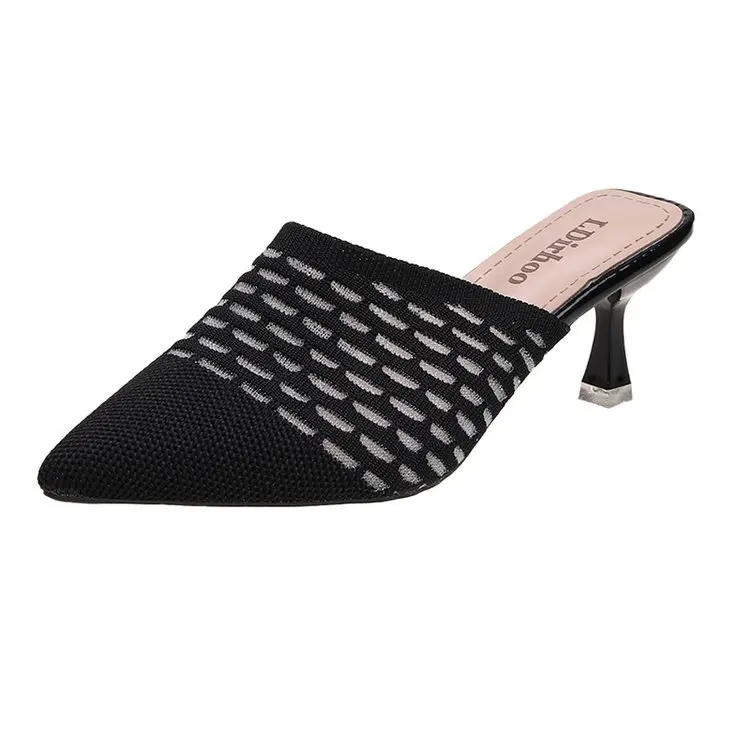 

Mules For Women 2021 Thin Heels Low Cover Toe Female Shoes Ladies' Slippers Pointed Fretwork New High Cotton Fabric Rome Rubber