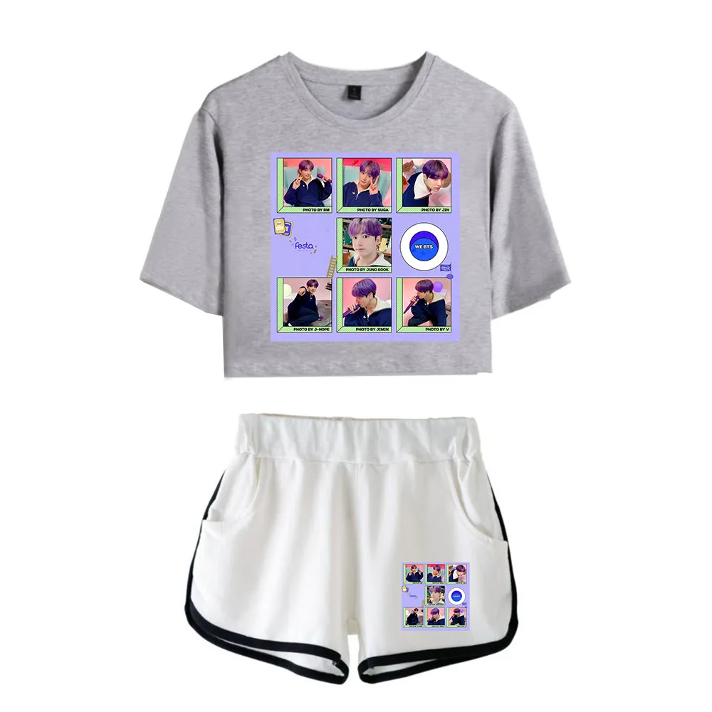

Модные спортивные костюмы для девочек Kawaii Bangtan Festa Dew navel Молодежный комплект из двух предметов летние крутые женские сексуальные шорты + Мил...