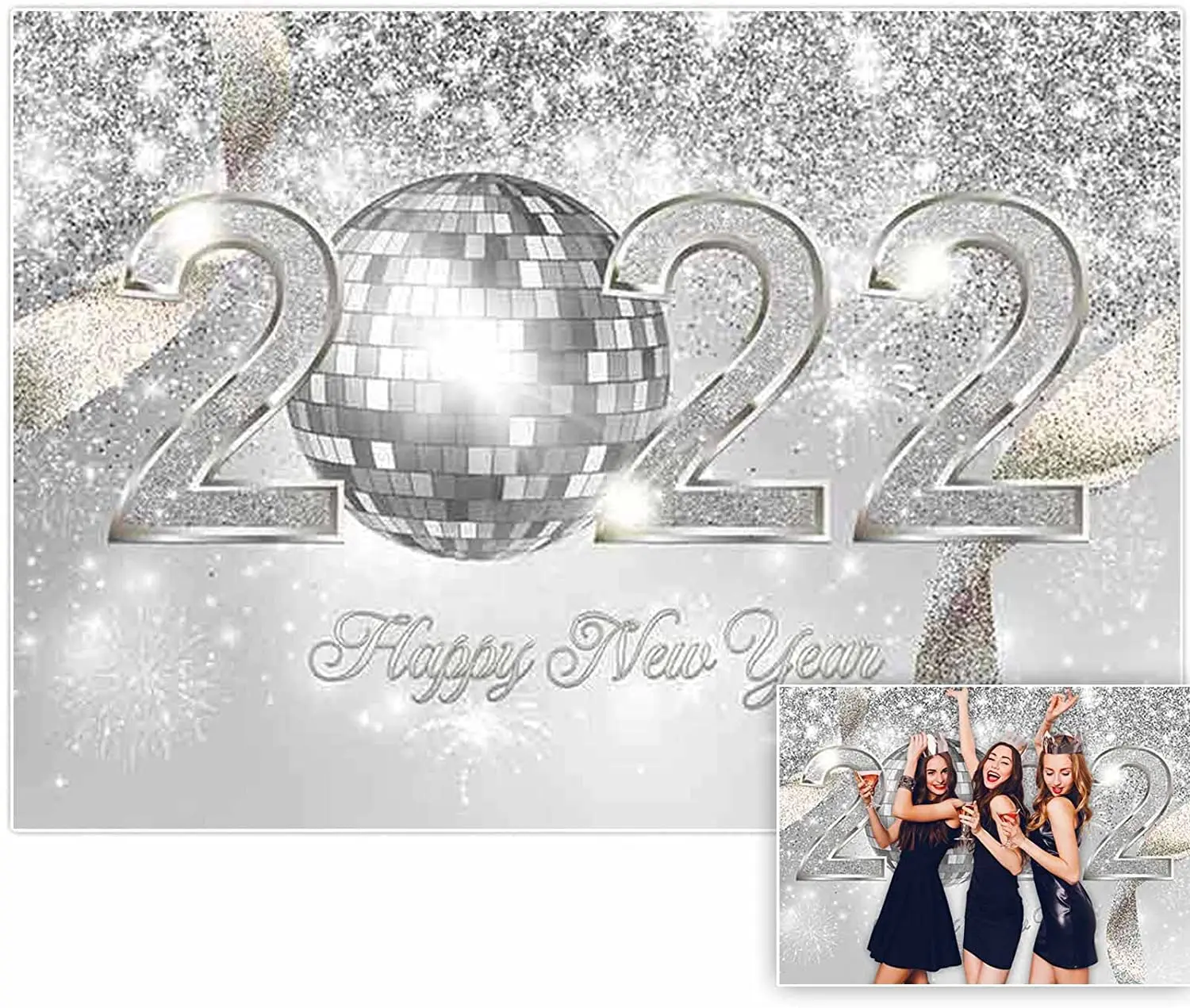 

Glitter Silver 2022 Happy New Year Backdrop Holiday Festival Party Decor Banner Studio Portrait Photography Photobooth Gift