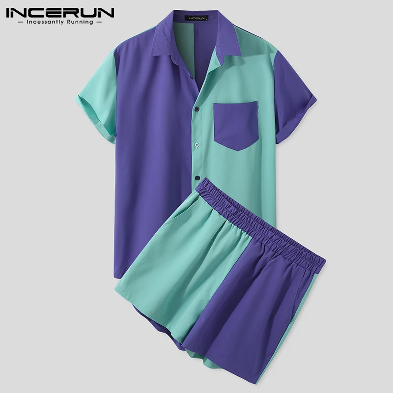 

Мужской комплект из рубашки с отложным воротником и шортов, повседневный костюм в стиле пэчворк с короткими рукавами, уличная одежда, модны...