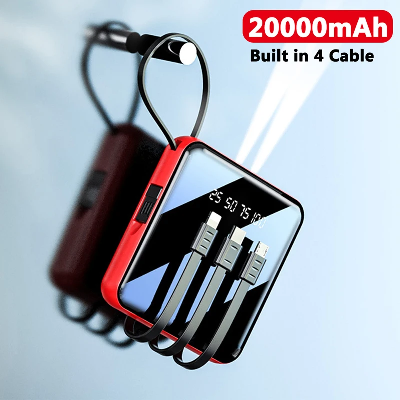 

Power Bank 20000mAh For iPhone Andriod Portable Battery Charger With Cable LED Mirror Powerbank External Battery Pack Powerbank