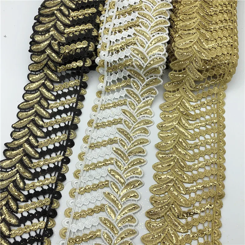 Кружево 10 ярдов золотистое черное белое металлическое с вышивкой кружево силой в