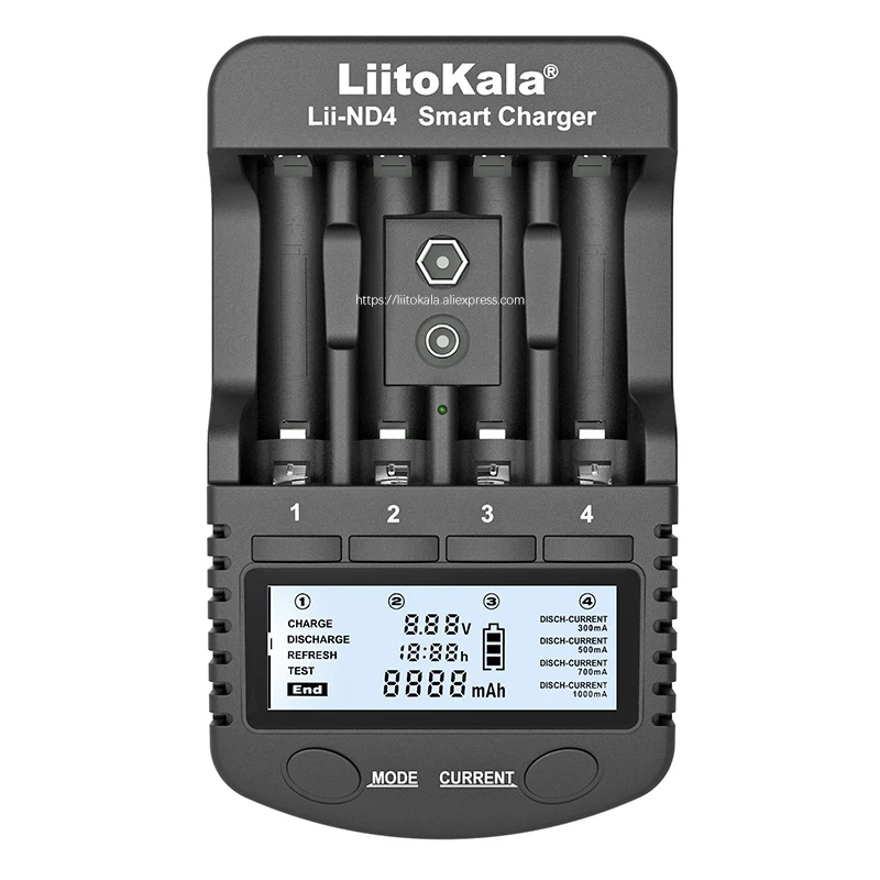 

LiitoKala Lii-ND4 NiMH / Cd charger aa aaa charger LCD display and test battery capacity For 1.2 V aa aaa and 9V batteries.