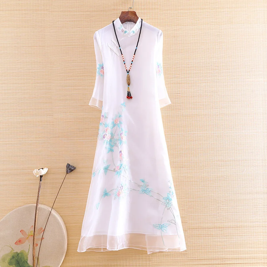 

Женское платье-Ципао из органзы, Элегантное Вечерние чное платье трапециевидной формы с вышивкой в китайском стиле, лето S-XXL