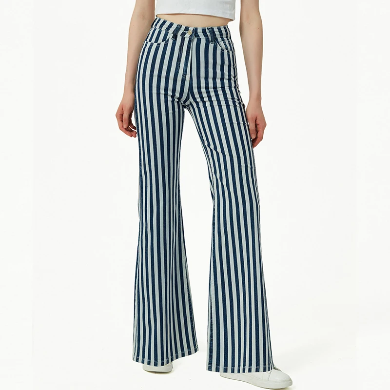 

Striped Jeans Women Denim Pants Wide Leg Leisure Bell Bottom Boot Cut Fringe Flare Trousers Boyfriend Plus Size Palazzo Fashion