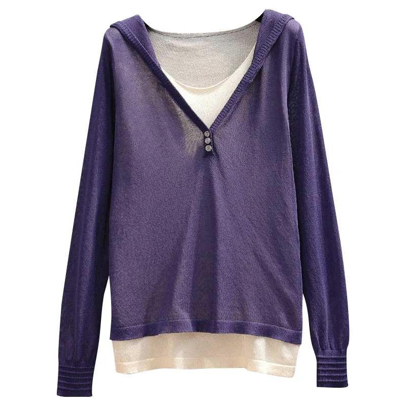 

Женский трикотажный свитер составного кроя, фиолетовый свитер большого размера с длинным рукавом и V-образным вырезом, осень 2021