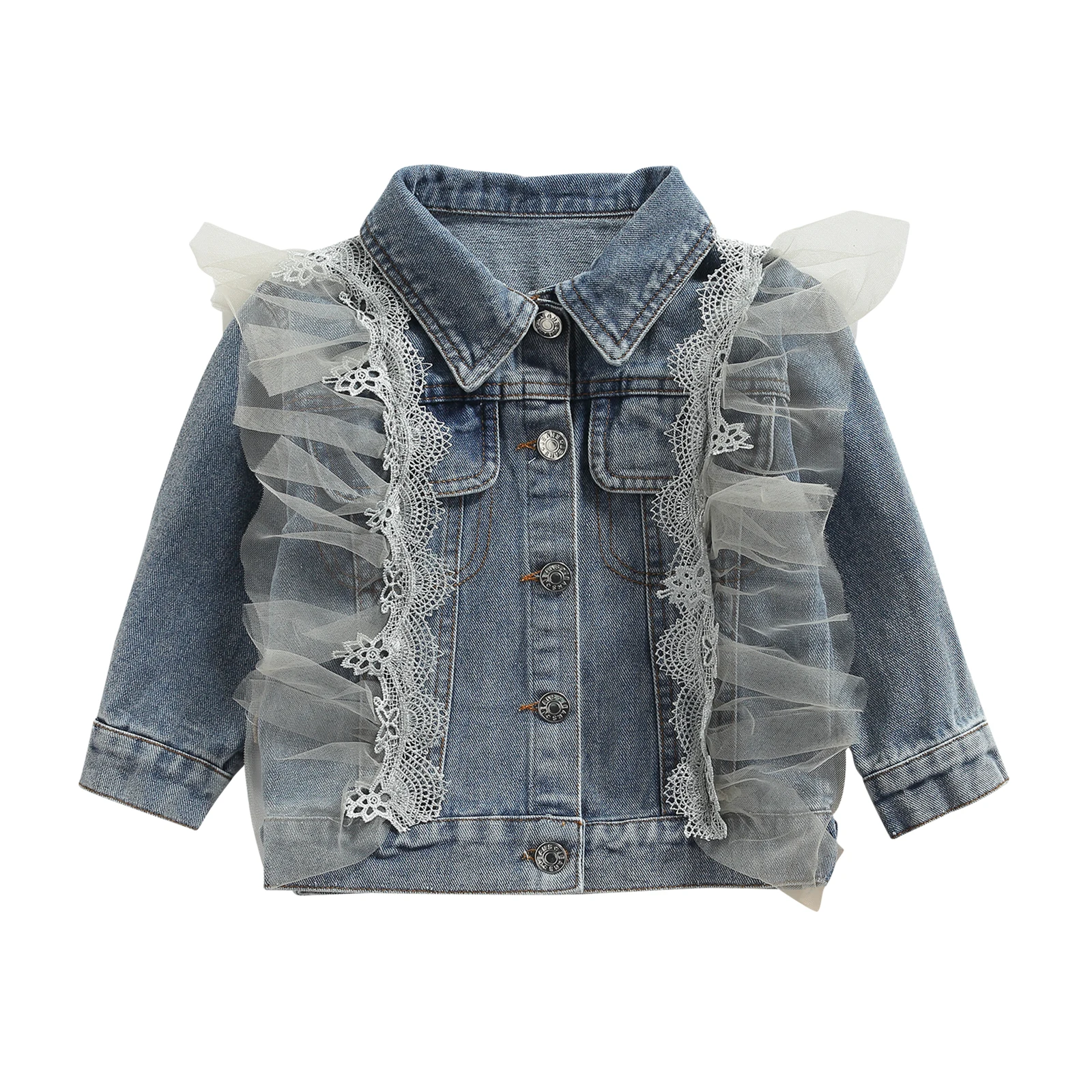 

2021 Children Autumn Coat Gauze Stitching Shirt-Collar Long Sleeve Button-Open Denim Jacket for Girls 2-8 Years