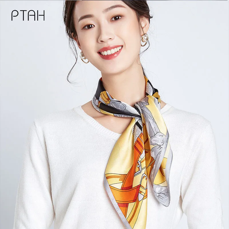

[PTAH] Autumn 100% Mulberry Silk Long Scarf Small Square Scarf Ladies Banquet Softer Digital Printed Scarf High Quality 66*66cm