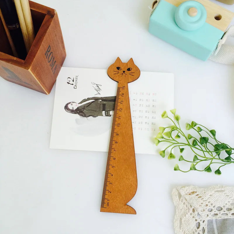 

1pc Cute Cat Style Wooden Ruler Measuring Ruler Student School Stationery Supplies 15cm Straight Ruler Gift for Kids