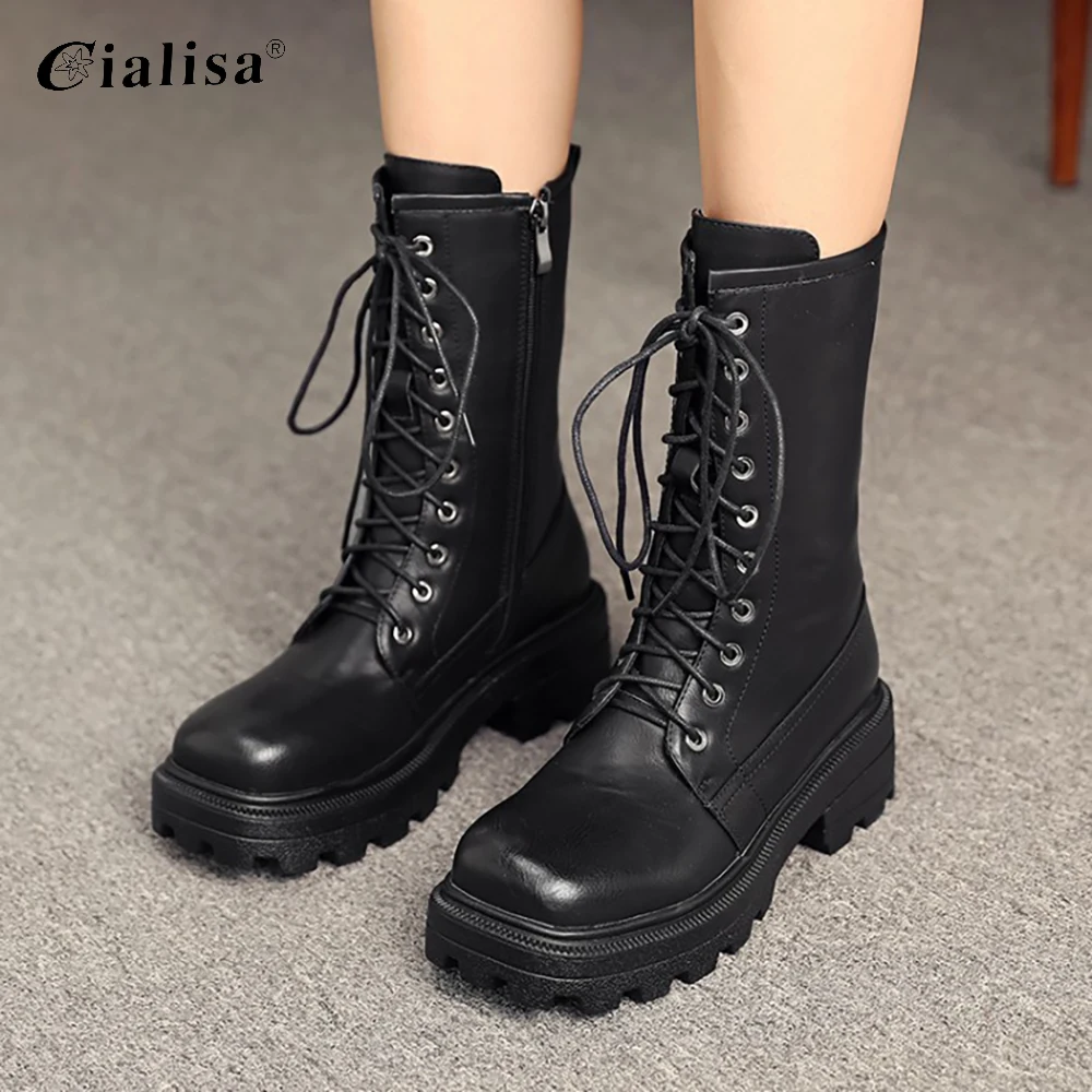 Online CIALSIA Sepatu Wanita Round Toe Renda Tumit Tebal Boots 2020 Fashion Baru Desain Mid Tumit Zipper Pendek Plush Hangat Platform Boots