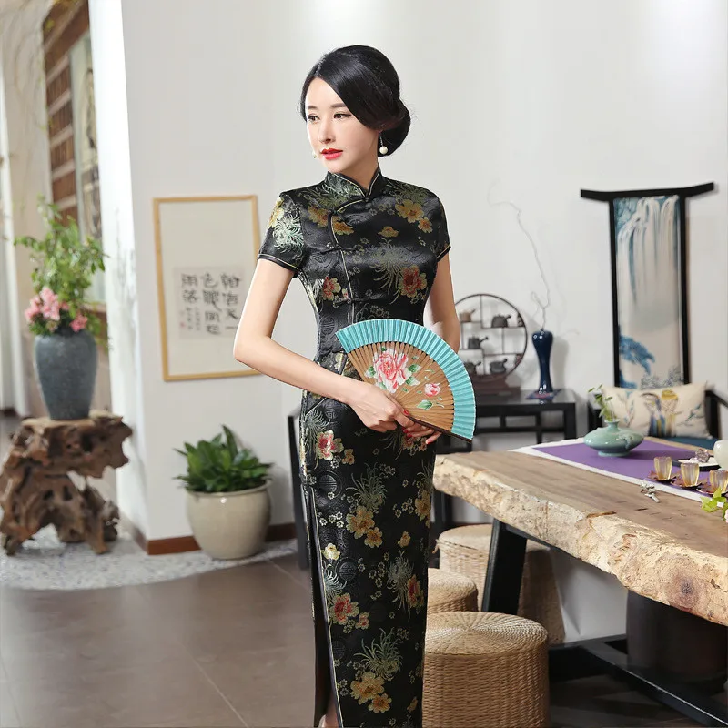 

Print Flower Green Lady Slim Tight Qipao Long Novelty Cheongsam Plus Size 3XL Short Sleeve Vestidos Traditional Chinese Dress